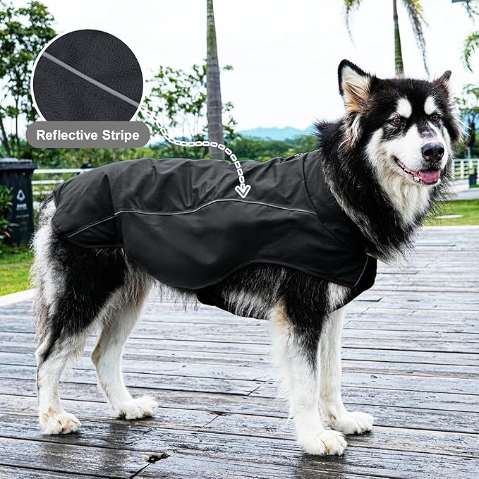 Outdoor Waterproof Dog Jacket for Extra Large Dogs,Doggie Coats with Harness Buitl in D-Ring Warm Fleece Dog Clothes for Cold Winter,Black 5XL