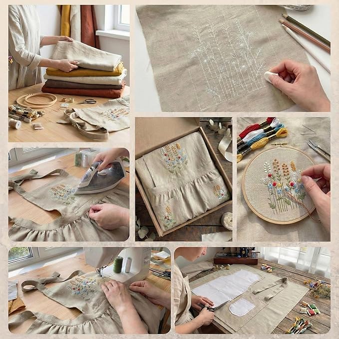 Linen Apron with Hand Embroidered Floral Design, Natural Fabric Apron for Kitchen, Linen Apron with Pockets, Cooking, Baking, Gardening, Florist, Elegant Gift for Women, Chefs, Artists