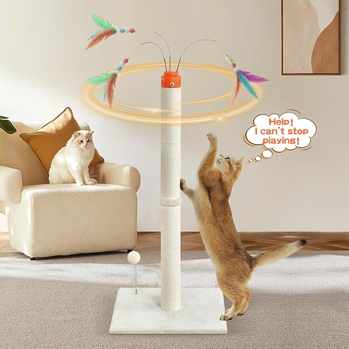 Cat Scratching Post ，41.3" Sisal Rope Cat Scratcher Tall Scratching Post for Indoor Cats Adult with Interactive Cat Toys Automatic Teaser Wand and Rotating Hanging Balls