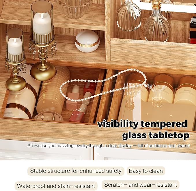 43" Makeup Vanity Desk with Mirror and Lights, & Power Outl, Glass Top Big Vanity Table with 9 Drawers& 8 Storage Shelves, Dressing Table Set with Chair for Bedroom, Oak and White