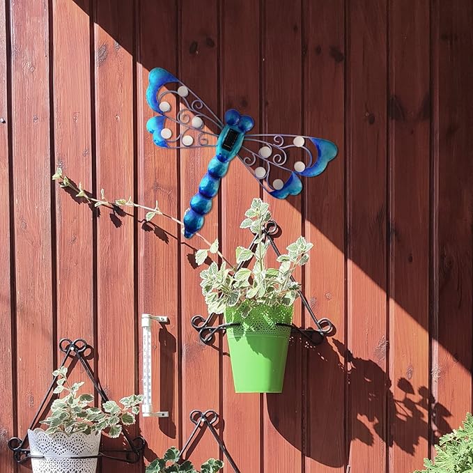 J-Fly Metal Dragonfly Outdoor Decor Solar Wall Decor Outdoor Metal Wall Art Garden Fence Decor Suitable for Garden Patio Fence Balcony Wall Decor 17 Inch