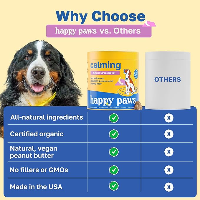 Happy Paws Calming Chews for Dogs, Relaxation & Anxiety Support for All Breeds & Ages, Dog Sleep Aid with L Theanine & Chamomile, Vegan Peanut Butter Flavor, Organic, Non GMO, (100 Chews)