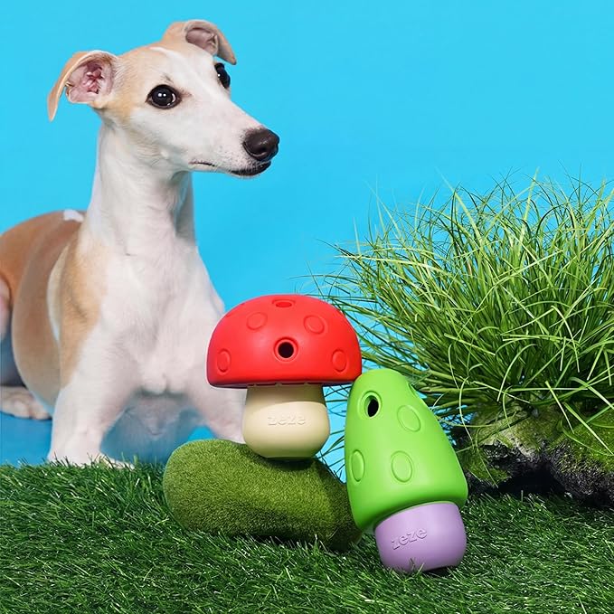 ZEZE Mushroom Treat Dispensing Dog Toy 2-Pack, Natural Rubber Slow Feeder Chew Toy, Interactive Puzzle for Boredom Relief & Feeding
