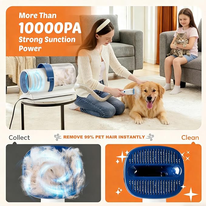 Simple Deluxe 10000Pa Strong Pet Vacuum for Shedding Grooming Kit with Hair Clippers & Shedding Brush, Dogs & Cats Hair Remover Vacuum with 2.5L Dust Cup, 3 Levels, 5 Grooming Tools，Low Noise, Blue