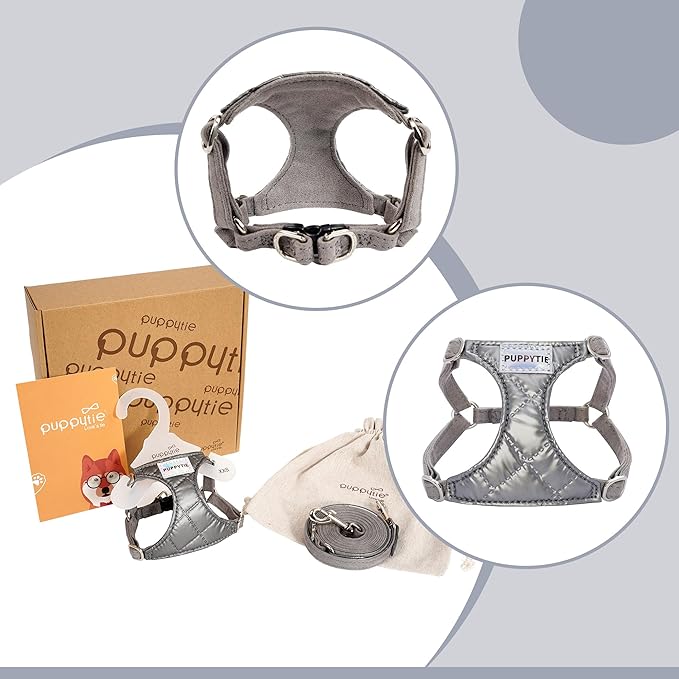 Puppytie No Pull xs Dog Harness with Multifunction Dog Leash,Soft Adjustable No Choke Escape Proof Pet Harness Vest,Glossy Grey,XS