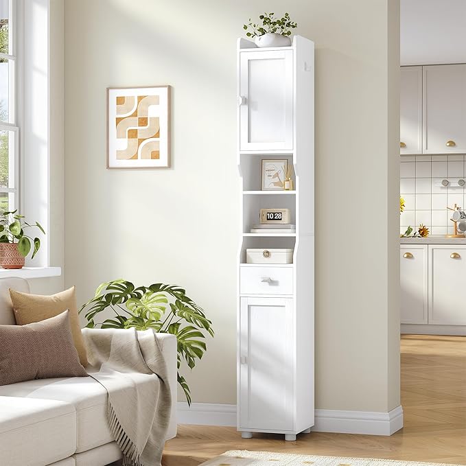 Bathroom Storage Cabinet, Tall Bathroom Cabinet, Freestanding Floor Cabinets with 2 Doors and 1 Drawer, Toilets Organizer with Adjustable Shelf, 1 Hook for Living Room, Kitchen, White 480013X