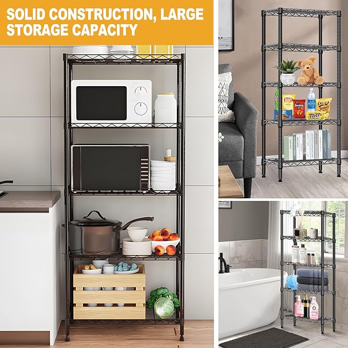 Heavy Duty Stainless Steel Kitchen Storage Rack, Adjustable Shelf Organizer with Non-Slip Mats, Black, for Cabinets, Countertops, Pantries (5-Tier Rack)