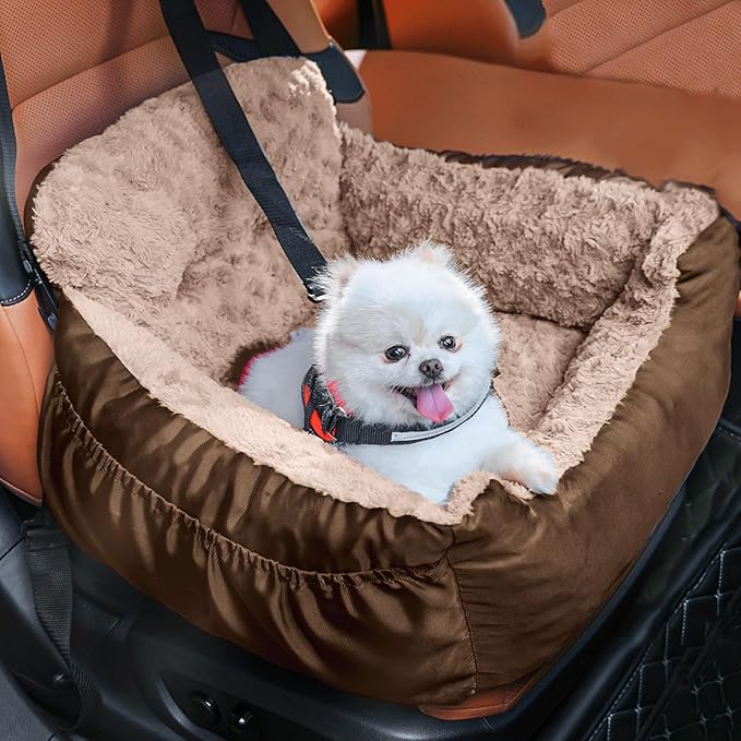 Dog Car Seat for Small Dogs,Washable Pet Booster Car Seats with Clip-On Safty Leash, Comfy Deluxe Plush Carseat with Storage Pockets, Puppy Car Travel Carrier Bed for Dogs Under 25 lbs, Brown