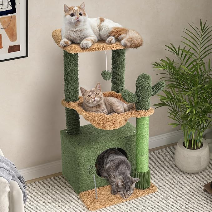 Magshion 34" Cactus Cat Tree for Indoor Cats, Multi-Level Cat Tower with Scratching Post, Condo, Top Perch, Basket, and Hanging Toys for Kittens & Small Cats, Green