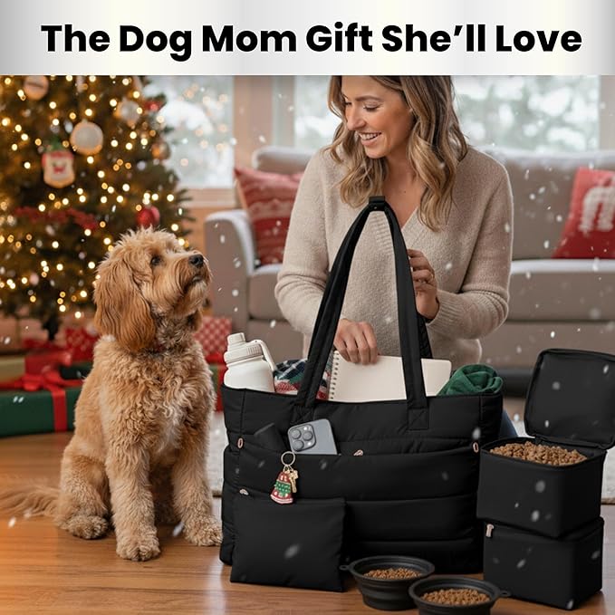 Puffer Dog Travel Bag for Dog Moms – Doggy Diaper Bag with Pet Bowls & Food Storage or Everyday Puffy Tote – Christmas Doggy Mom Gifts for Women – Lightweight, Travel-Ready Gift for Pet Lovers - Black