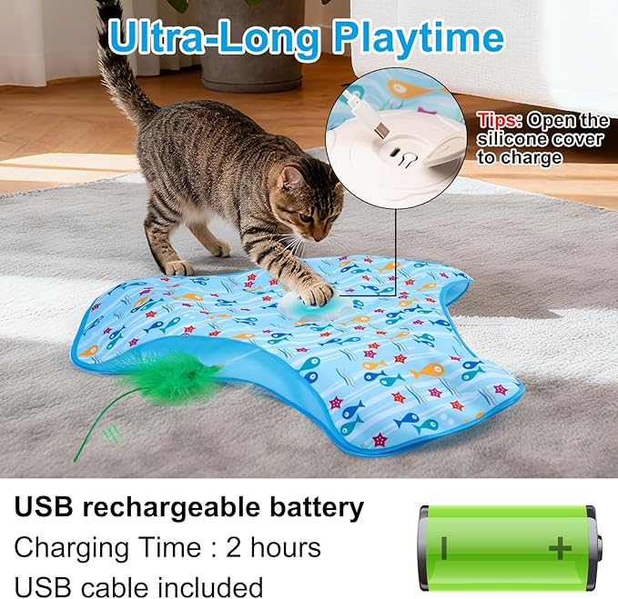 Interactive Cat Toy for Indoor Cats, Automatic Hide and Seek Motion-Activated Cat Toy with Moving Feather & Animal Chirps, USB Rechargeable Electric Cat Enrichment Toy for Bored Adult Cats & Kittens