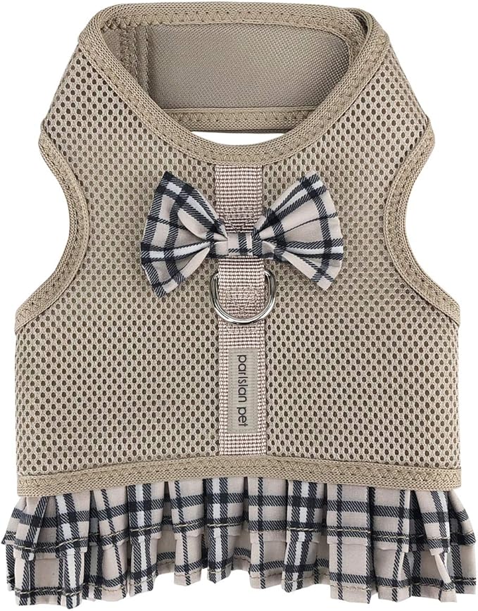 Parisian Pet Step in Dog Harness - 100% Mesh Fabric Plaid Khaki Dog Harnesses - Soft Fully Padded, No Pull Dog Vest Harness Dress - Puppy Harness - Dog Harness Large Sized Dog - L