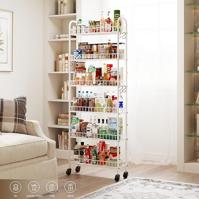 6-Tier Slim Storage Cart, Rolling Kitchen Cart with Wheels, Narrow Metal Shelf Organizer with Hooks for Kitchen, Bathroom, Living Room, Laundry, Small Spaces (White, 6 in)