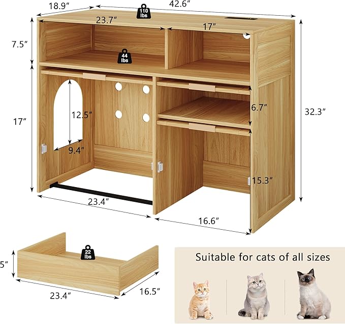Cat Litter Box Furniture 42'' Hidden Enclosure with Litter Drawer, Litterbox Cabinet with Storage, Boho Rattan Style Indoor Cat House Washroom, Fits Most of Litter Boxes