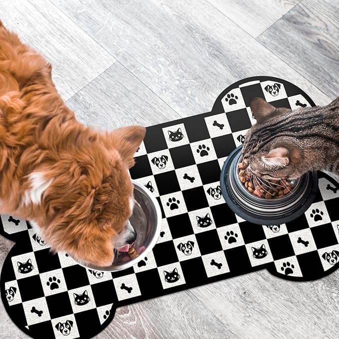 Pet Dog Cat Food Mat, Absorbent Bone Shaped Dog Bowl Mats for Food and Water, Non Slip Cute Footprint Dogs Cat Placemats Feeding Mat for Floors Puppy Pet Accessories Supplies 12"x20" Black White