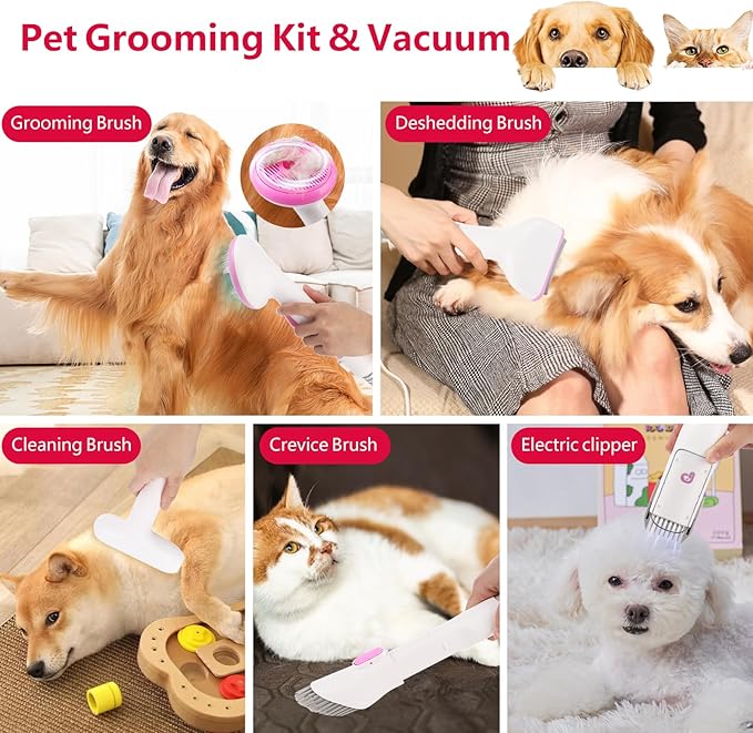 Garvee Pet Grooming Vacuum, 13.4Kpa Suction Power, 2L Large Capacity Hair Storage, 5 Professional Pet Grooming Tools for Dogs Cats, Orange/Pink