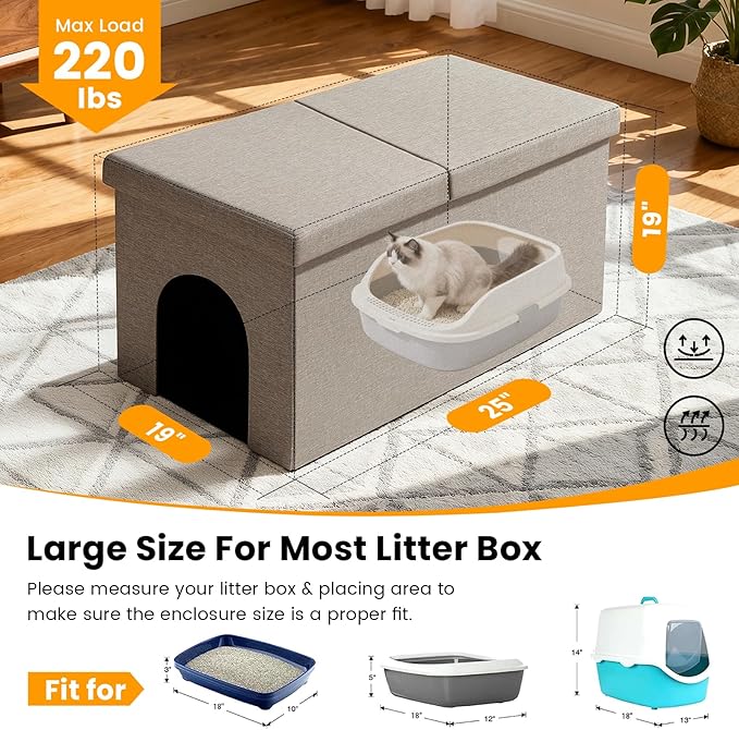 3-in-1 Cat Litter Box Enclosure with Odor Control, Multi-Functional Hidden Litter Box Furniture Bench, Dog Proof, Space-Saving Ottoman Cabinet with Flip-Up Lid, Storage Footrest, Light Grey