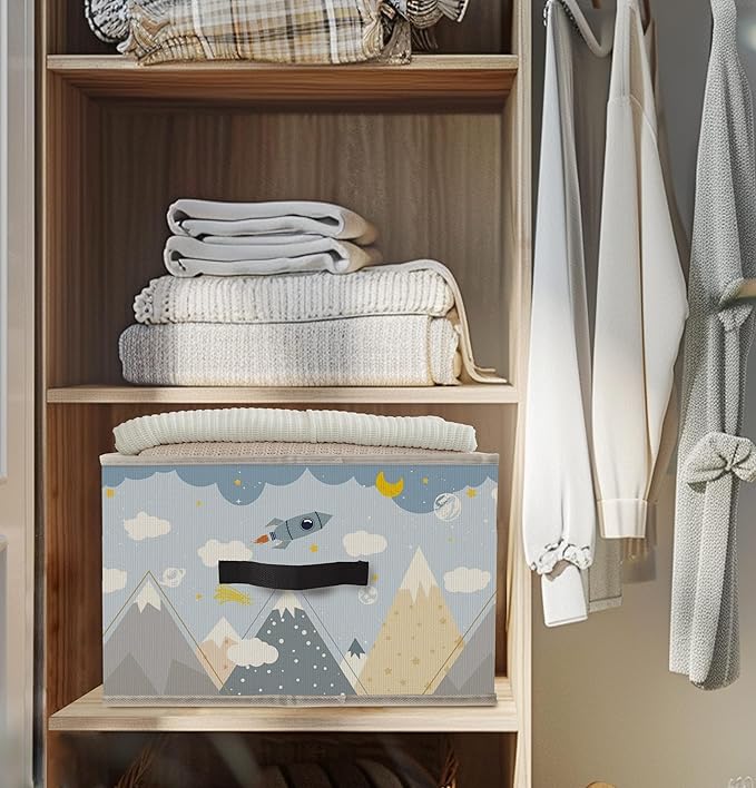 Nogrit Dreamy Rocket Mountain Storage Bins Box, Toybox for Boys, Light Blue Cosmic Foldable Baskets Organizer Container with Handles for Kids Boys Bedroom Bathroom Clothes Toys Books