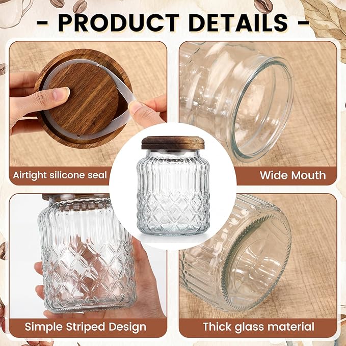 6 Pack Vintage Glass Jars with Wooden Lids 33.8 oz Airtight Glass Canisters Storage Containers Large Food Canisters for Pantry Coffee Spice Grains Tea Sugar Flour Kitchen(Fine Floral)