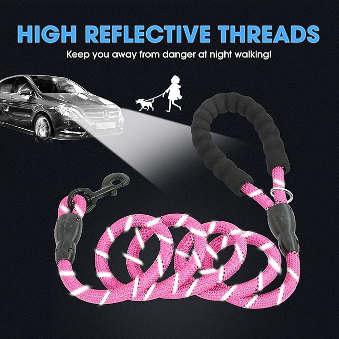 BAAPET 2/4/5/6 FT Dog Leash with Comfortable Padded Handle and Highly Reflective Threads for Small Medium and Large Dogs (6FT-1/2'', Pink)
