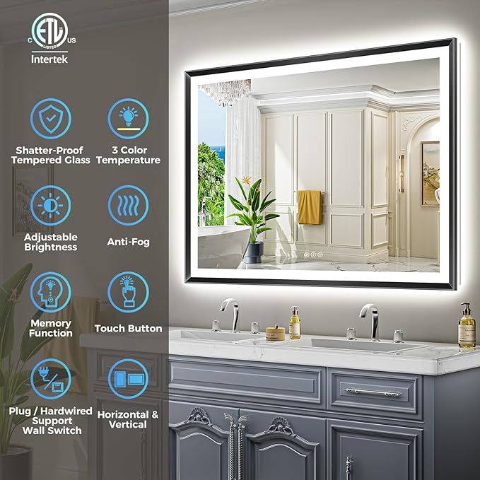 55x40 Black Framed LED Bathroom Mirror with Lights, Backlit and Front Light, Lighted Bathroom Vanity Mirror for Wall Dimmable Anti-Fog Memory Tempered Glass Horizontal/Vertical