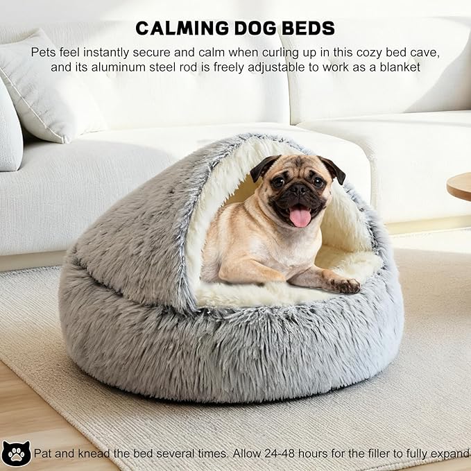 YUDANSI Calming Small Dog Bed & Indoor Cat Bed - Plush Fluffy Hooded Cave Nest, Anti-Slip Self-Warming, Removable Washable Zipper Cover, Built-in No-Collapsing Support (Grey-65cm/26in)
