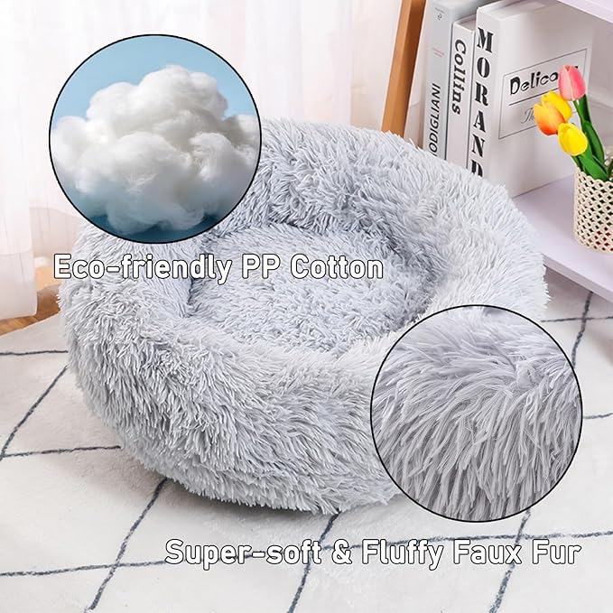 Calming Donut Dog Bed Medium Size Dog - Washable Removable Cover Non-Slip Bottom, Round Pet Bed Cat Bed Warming Fluffy Plush Faux Fur Anti-Anxiety, Fits up to 45 lbs (Light Grey, 30")