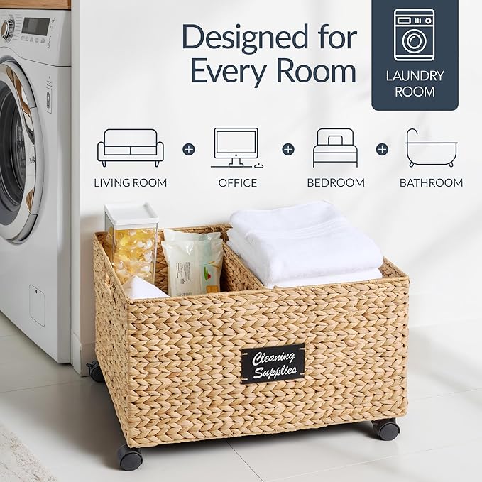 Best Choice Products Rolling Pantry Storage Basket Organizer W/Chalkboard Label, Open Handles, Removable Divider, Water Hyacinth Bin for Kitchen, Bedroom, Office, Kids' Room, Laundry Room - Natural