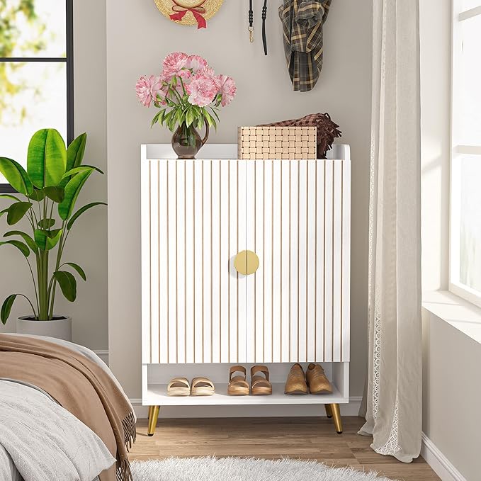 Tribesigns Shoe Cabinet with Doors, 6-Tier Shoe Storage Cabinet with Adjustable Shelves, Wooden Shoes Rack Shoe Storage Organizer for Entryway, Hallway, Closet, Living Room, White & Gold
