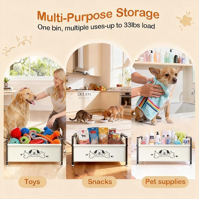 Dog Toy Box for Storage, Metal Frame Oxford Fabric Pet Toy Organizer with Raised Legs, Large Capacity Dog Toy Basket with Front Low Opening, Washable and Durable Design