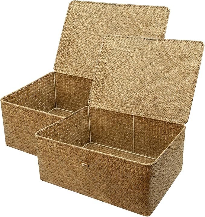 Shelf Storage Baskets with Lid, 2-Pack Wicker Storage Bakset, Woven Seagrass Decorative Boxes Storage Basket, Coffee Large+XXLarge