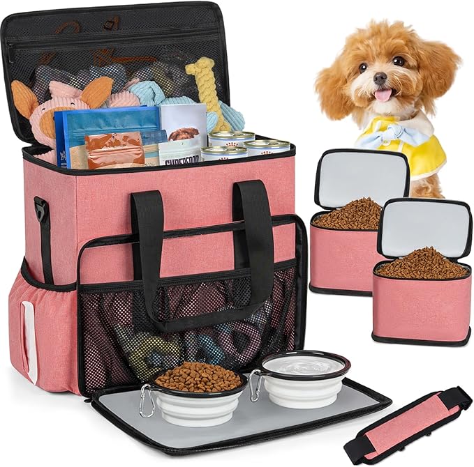 Dog Travel Bag,Large Pet Travel Bag for Supplies with 2 Food Container and Collapsible Bowls,Dog Travel Supplies Organizer Kit for Weekend,Road Trips,Camping