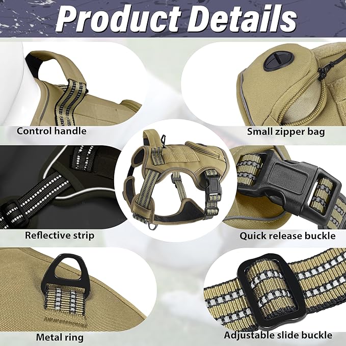 Tactical Dog Harness for Large Dogs, Heavy Duty No Pull Military Service Vest with Control Handle & 4 Patches, Adjustable Reflective Soft Padded Pet Harness for Training Walking Hiking (Brown, L)