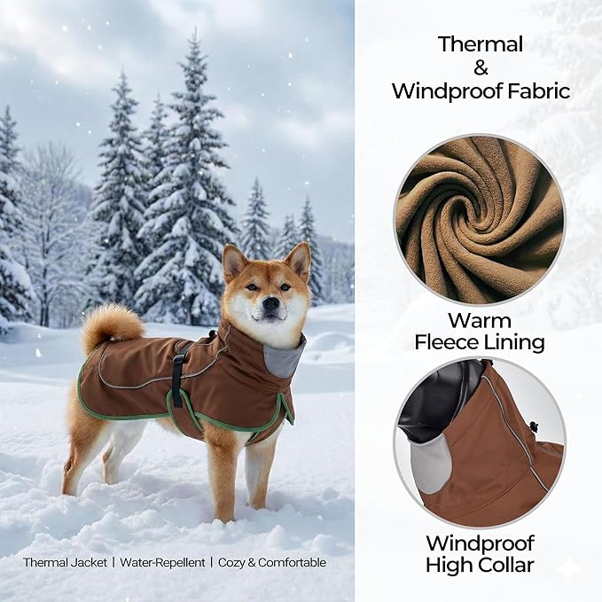 Softshell Dog Coat for Winter Walks and Hiking, Windproof and Water-Repellent Jacket with Harness Opening and Reflective Strips, Ideal Stocking Stuffer for Active Dogs (Brown, Large)