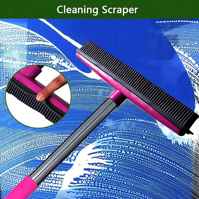 Carpet Hair Removal Broom with 48'' Telescoping Adjustable Handle, Rubber Broom Carpet Rake for Pet Hair Dust Removal Daily Household Cleaning(Pink)
