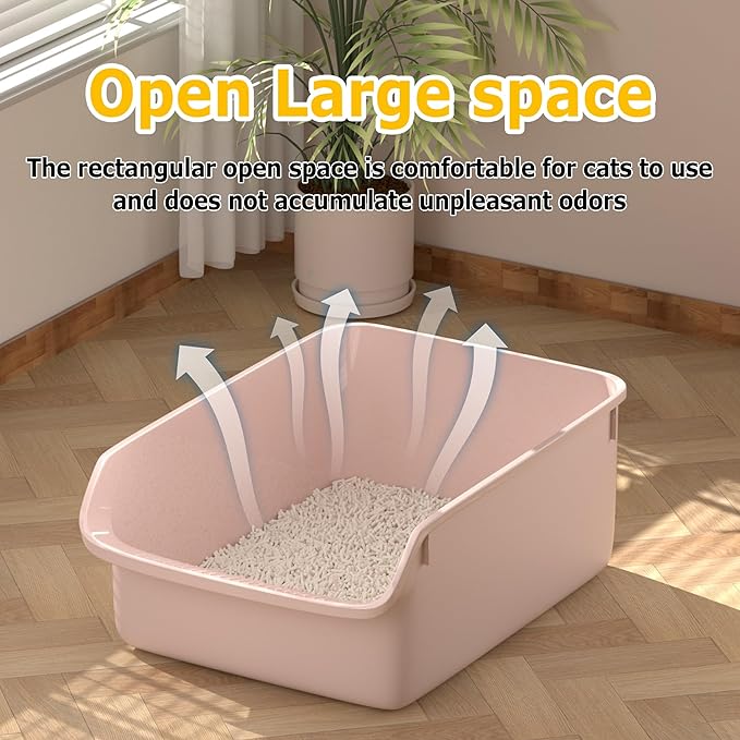 Large Cat Litter Box with High Side Cat Litter Pan Boxes for Indoor Cats Kitty Litter Box with Low Entry Open Top Entrance,Anti-Splashing (Pink)