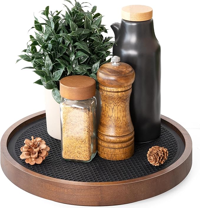 EOSAHR Non-Skid Wooden Lazy Susan for Table Top – Farmhouse 10.5" Bathroom Tray, Spice Rack and Vanity Tray - Stylish Bathroom Counter Organizer with Rubber Mat (Brown)