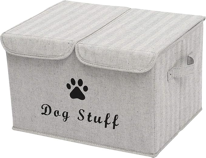 Geyecete Large Storage Boxes - Large Linen Fabric Foldable Storage Cubes Bin Box Containers with Lid and Handles for Dog Apparel & Accessories, Dog Toys, (Striped Gray)