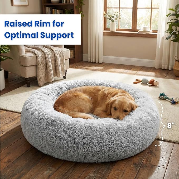 Calming Pet Bed with Water-Resistant Inner Liner – Anti-Anxiety Donut Dog & Cat Bed with Removable Washable Cover – Supportive Plush Nest, Non-Slip & Cushion Protection – Small, Grey