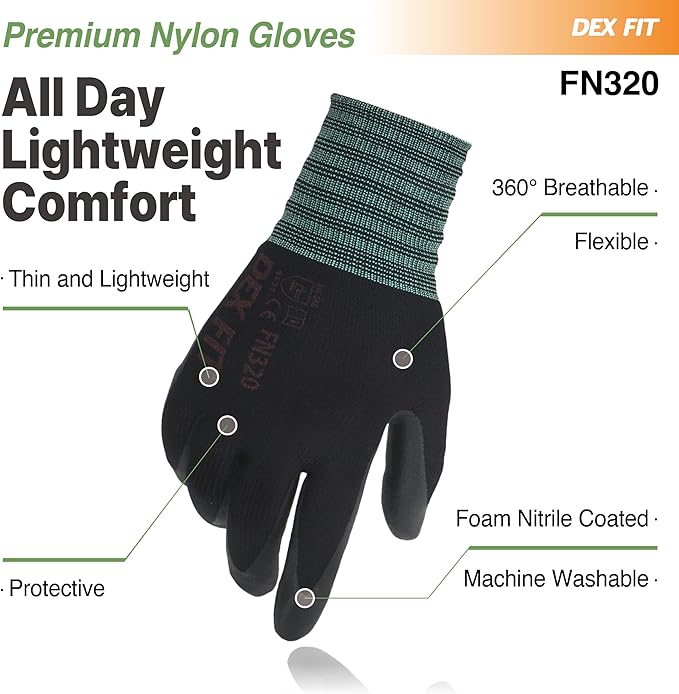 DEX FIT Nylon Work Gloves FN320, 3D Comfort Fit, Power Grip, Lightweight & Breathable, Touchscreen, Gardening, Yard Work, Warehouse, Delivery Driver Gloves; Black 6 (XS)