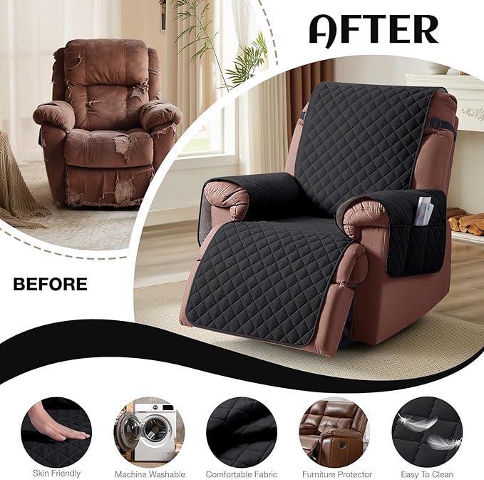 KinCam 100% Waterproof Recliner Chair Cover, Reclining Couch Covers for Pets, Dogs, Recliner Couch Slipcover Furniture Protector with Elastic Straps for Kids(30", Black)