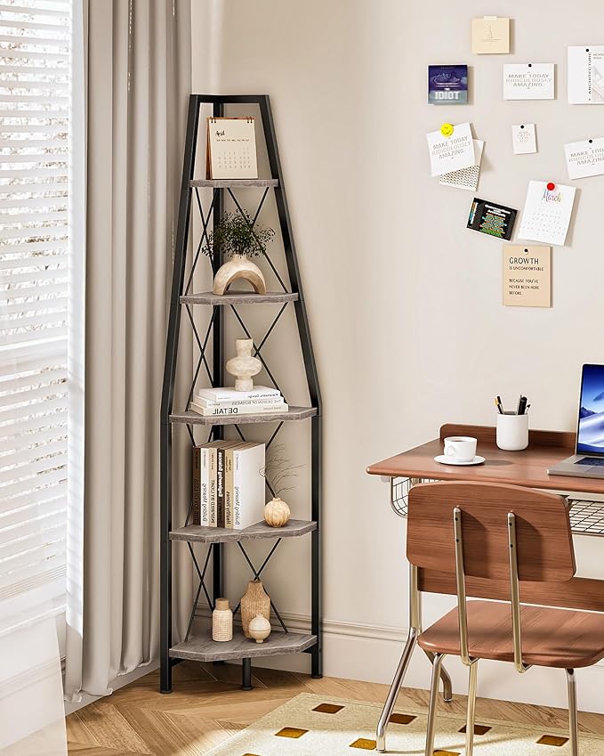 5-Tier Corner Shelf, Corner Bookshelf, Ladder Shelf, Floor Standing Storage Rack, Open Display Stand, Plant Stand, for Living Room, Bedroom, Study, Bathroom, Greige and Black TCJ22BG