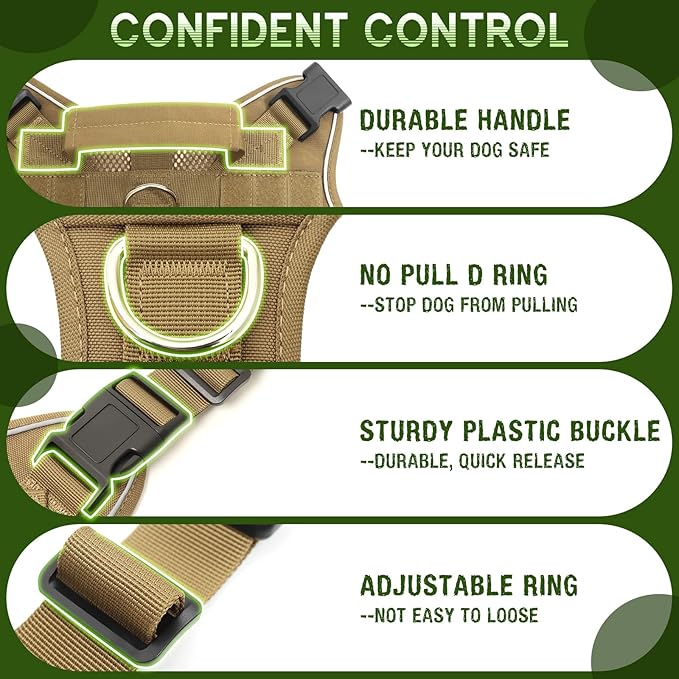 WINSEE Mesh Dog Harness with 10 Pet Patches for Large Service Dog in Training, Breathable Tactical Molle Vest with Double Handles, Reflective Military Pet Vest for Walking Hiking