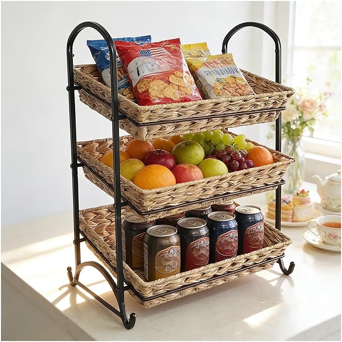 Stackable Candy Display Rack with Rattan |Stackable Candy Organizer|Multi-Function Snack Rack&Shelf for Chips |Perfect Display Solution for Stores (Brown, Large)