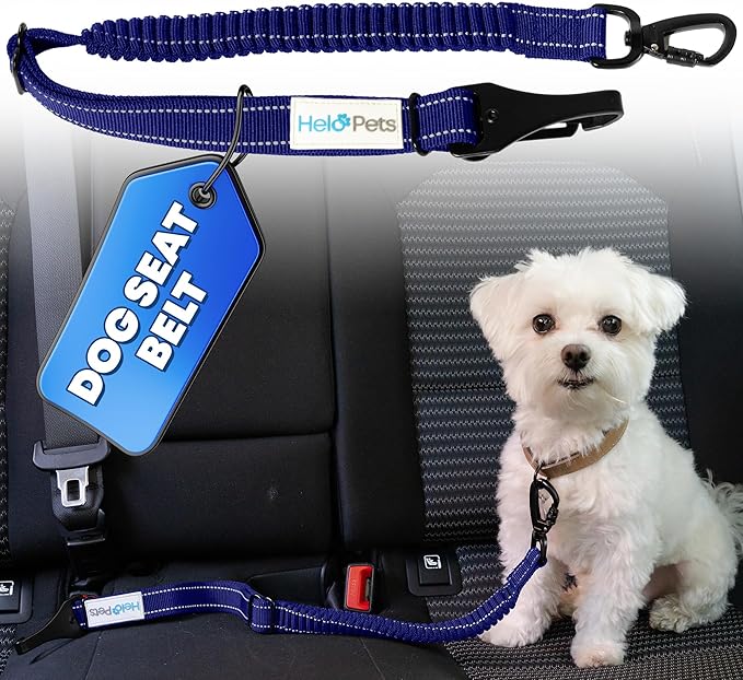 Dog Car Seat Belt 3-in-1 Adjustable Safety Seatbelt for Dogs in Car – Durable Extra Thick Nylon Webbing Bungee with Hook & Buckle Latch, Reflective Dog Harness (Blue).