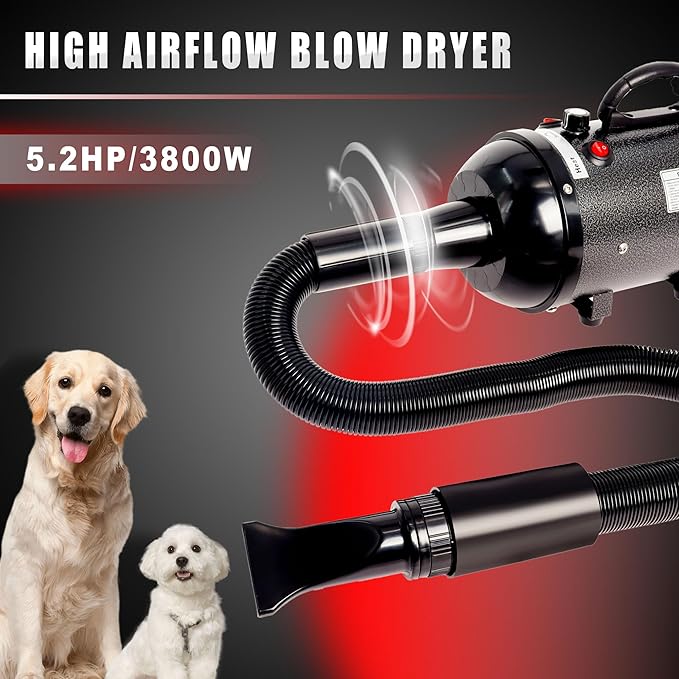 Dog Hair Dryer High Velocity Professional Dog Blow Dryer with Adjustable Speed Dog Pet Grooming Dryer Blower with 4 Nozzle 2 Blow Temperature（Black）