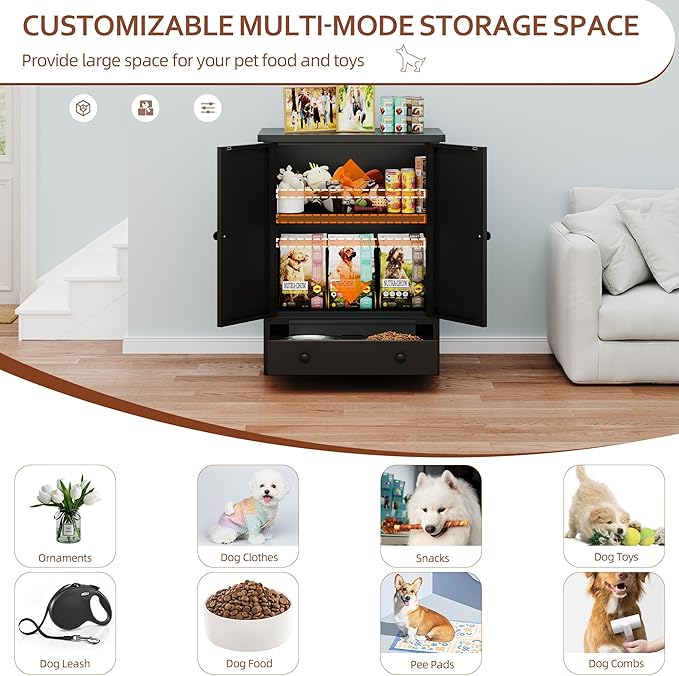 Dog Feeding Station with Storage, Metal Dog Food Storage Cabinet with 2 Elevated Bowls and 3 Hooks, Pet Feeding Station and Food Storage Organizer, Black