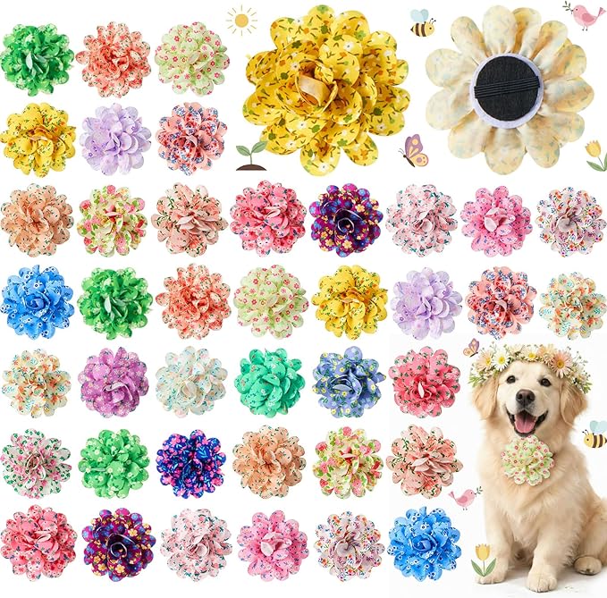 50 Pcs Spring Dog Collar Flowers Bulk Daisy Rose Wildflowers Flowers for Dog Charms Grooming Accessories Bowtie Flower for Puppy Cat Collar Attachment Embellishment Spring Floral Party Costume