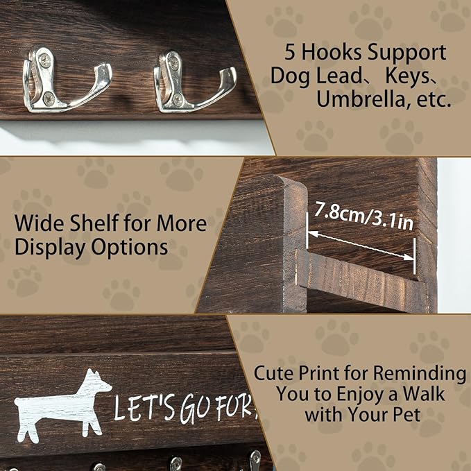 Wood Dog Leash Holder for Wall, Key Hangers with 5 Double Key Hooks, Dog Leash Hanger Wall Mounted for Entryway, Farmhouse Treats,35cm,Brown