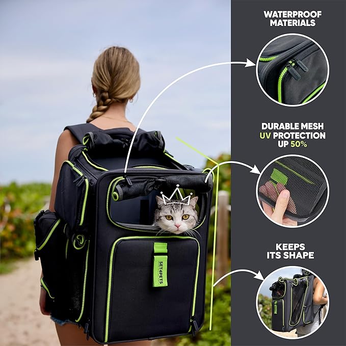 Multi-Functional Cat Carrier Backpack and Cat Car Seat, Expandable cat Carriers with Safety Leash, Breathable Mesh & Waterproof Large cat Backpack Carrier Up to 25 lbs 3 in 1 Food&Water Bottle
